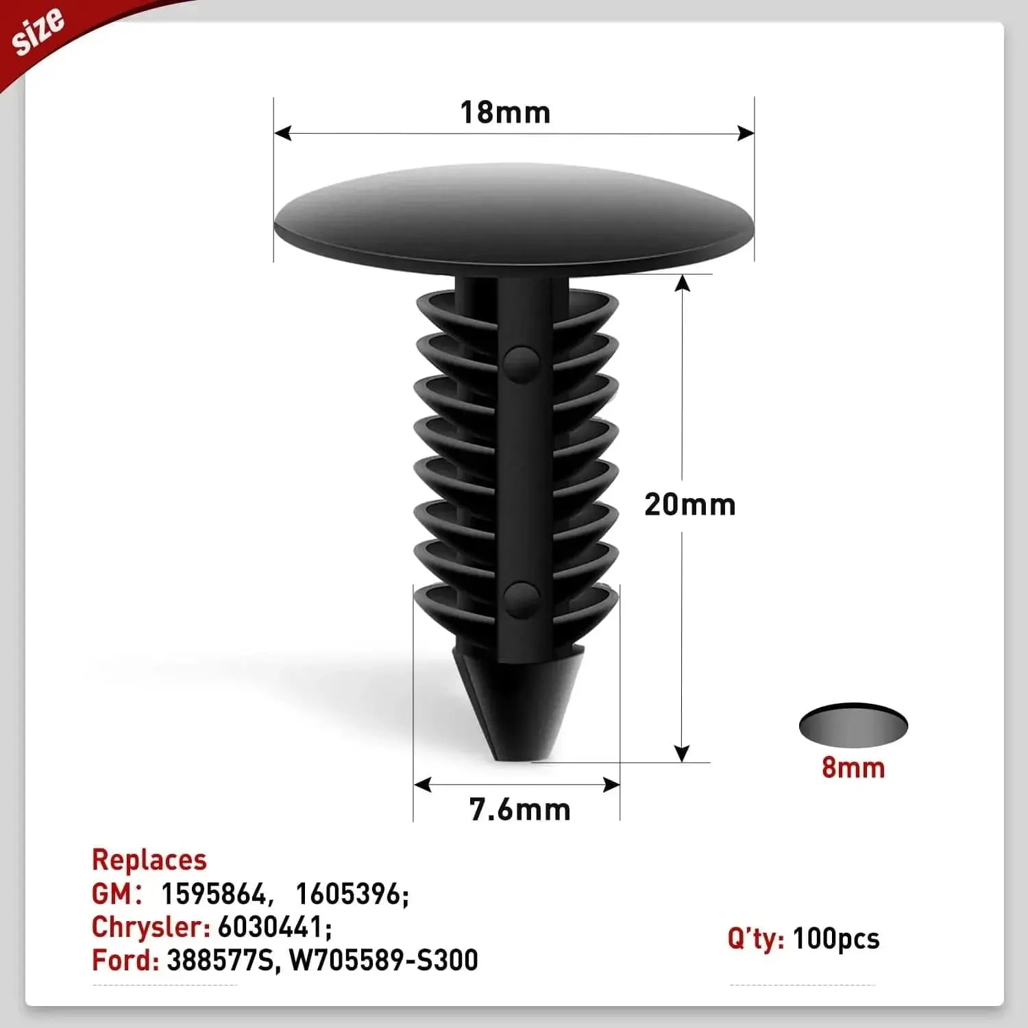 100 Pcs Hole 8mm Bumper Rivet Fender Clips for GM 1605396, 1595864 for Chrysler 6030441 for Ford 388577S