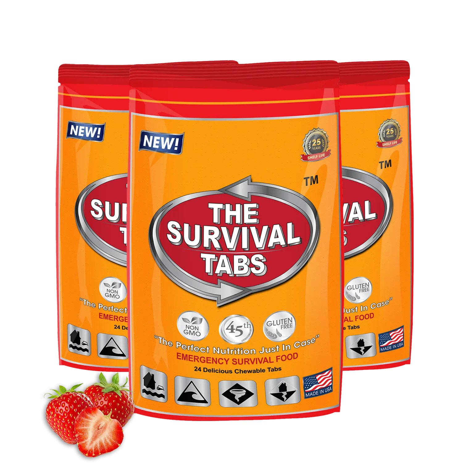 144 hours Emergency Food tablet none-GMO gluten-free 25 years shelf life 24 Tabs Strawberry x 3 pouches