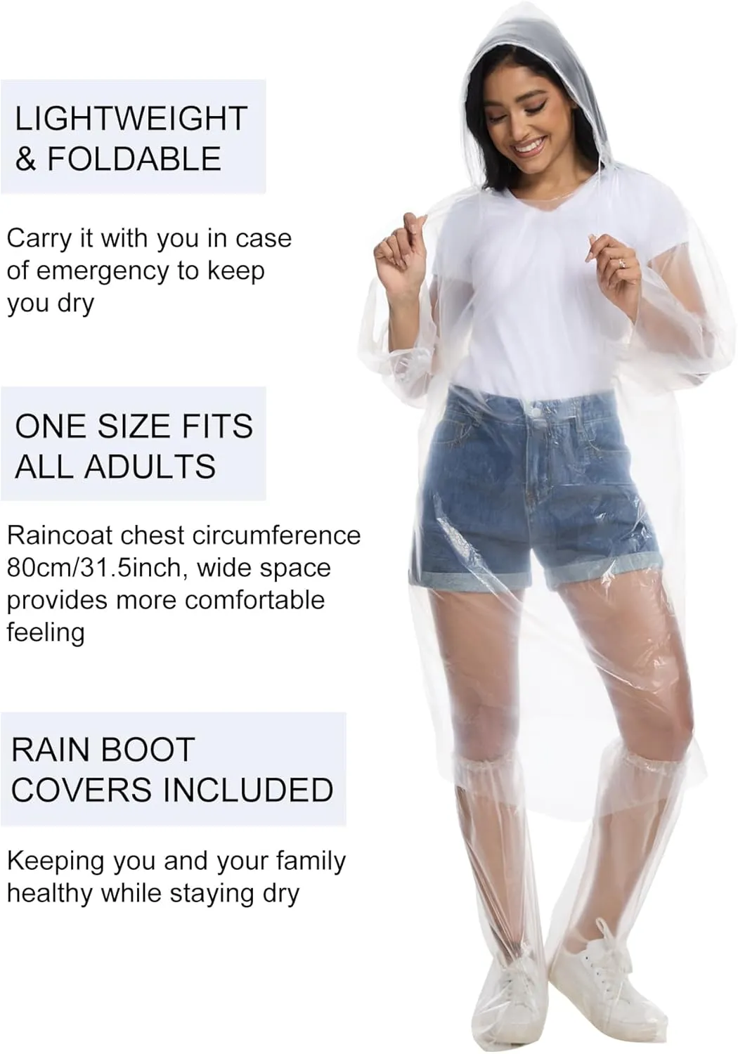 BATHRINS Disposable Rain Ponchos For Adults - 3 Emergency Clear Ponchos With Hoods And 3 Pairs Of Waterproof Boot Covers