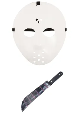 Horror Style Costume Set: Hockey Face Mask and 50cm White Plastic Fake Blooded Machete