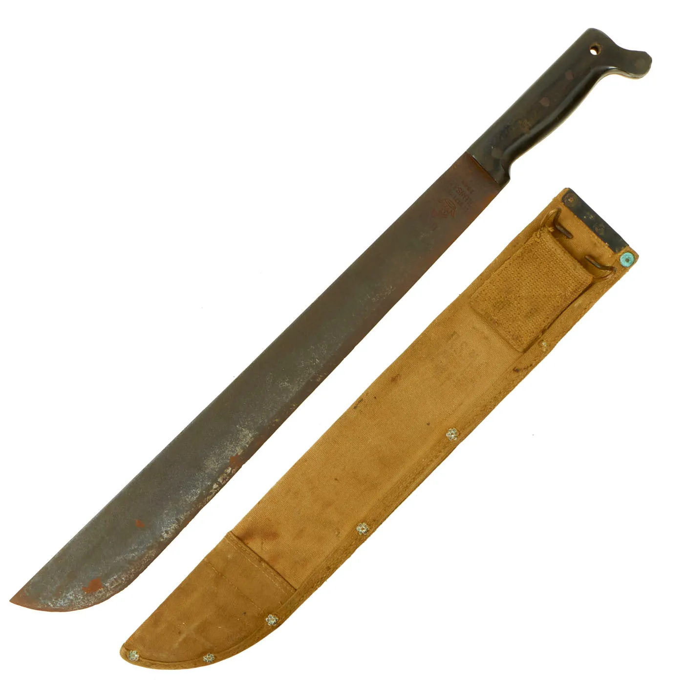 Original U.S. WWII Collins & Co Legitimus Model Machete Dated 1944 With USMC Marked Canvas Scabbard