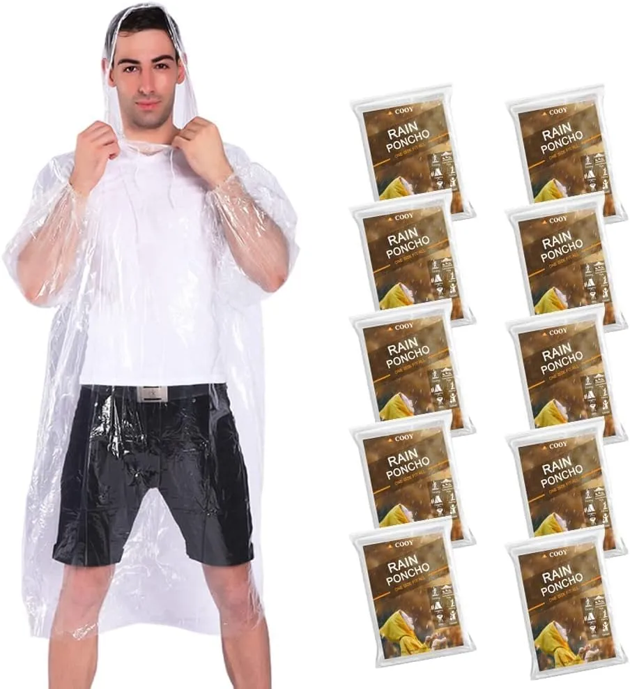 Rain Ponchos,with Drawstring Hood 10 Pack Emergency Disposable Rain Ponchos Family Pack for Adults,Clear