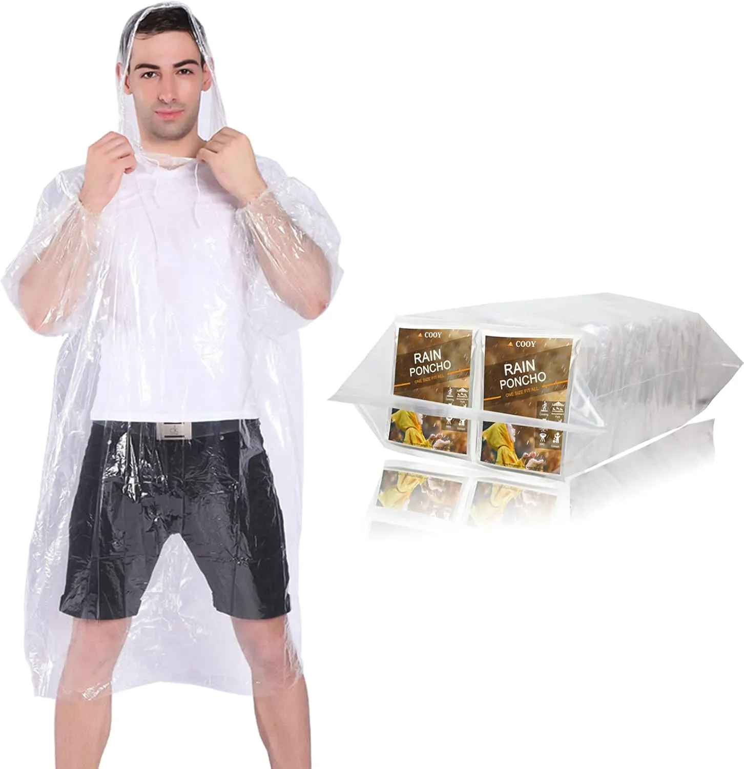 Rain Ponchos,with Drawstring Hood 10 Pack Emergency Disposable Rain Ponchos Family Pack for Adults,Clear