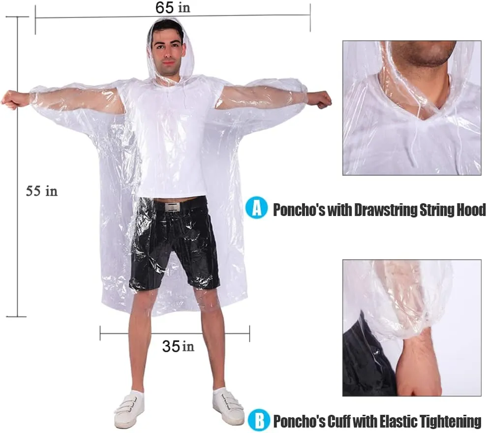 Rain Ponchos,with Drawstring Hood 10 Pack Emergency Disposable Rain Ponchos Family Pack for Adults,Clear
