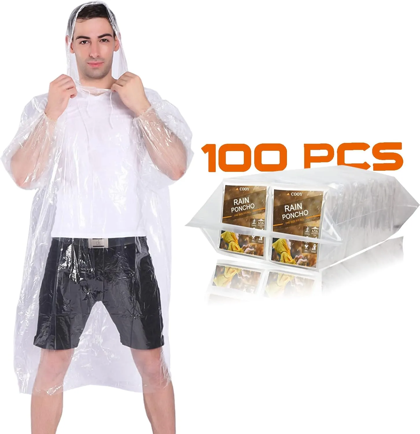 Rain Ponchos,with Drawstring Hood 10 Pack Emergency Disposable Rain Ponchos Family Pack for Adults,Clear