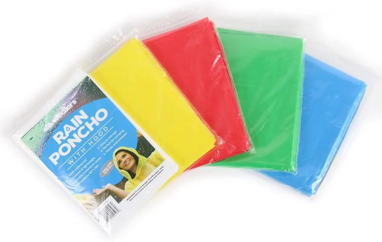 Wealers Rain Ponchos for Adults Teens Disposable Bulk Pack Emergency Raincoat Parks Outdoors Multi Colors Waterproof